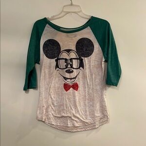 Disney Green and White Long Sleeve Tee with Mickey Mouse Graphic